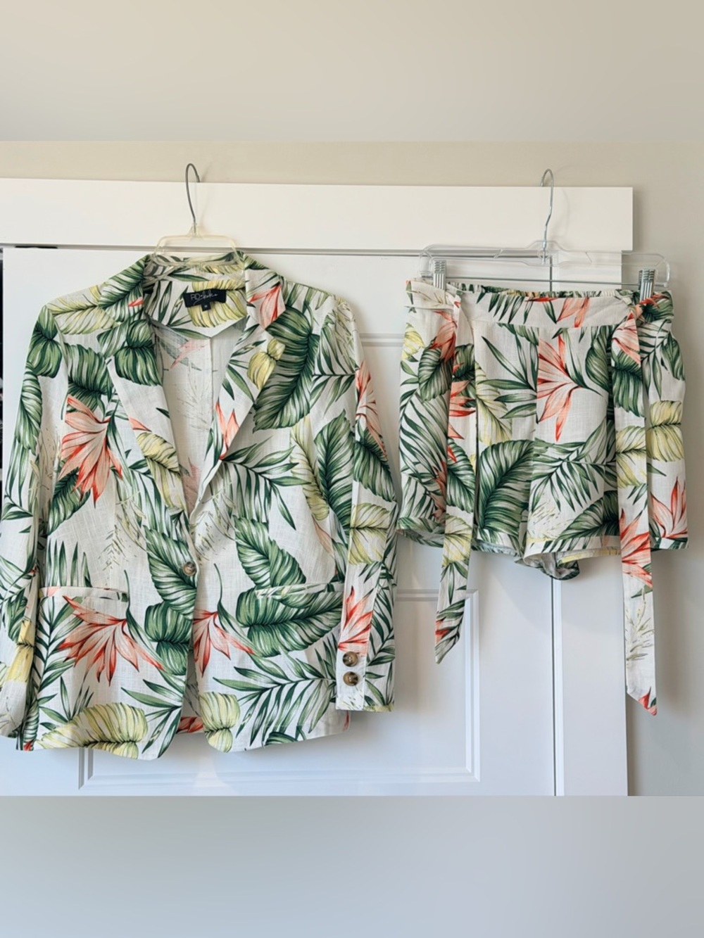 Tropical Leaf Print Button-Down Shirt and Shorts Set - Green/Coral